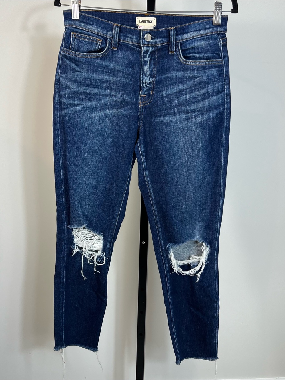L'AGENCE Abigail High Rise Slim Leg Distressed Knees Raw Hem Dark Wash Jeans 27